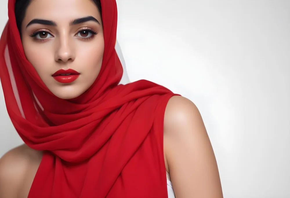 A 23 Year Old Middle Eastern Woman With Red Lipstick And A White Veil In A White Background 9 272a