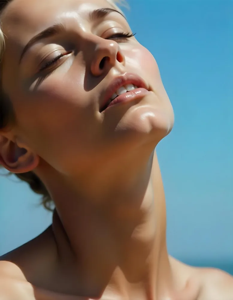 A 23 Year Old White Woman With Short Blonde Hair Closed Eyes And Tanned Skin Looking Up To The Sky 16 F327