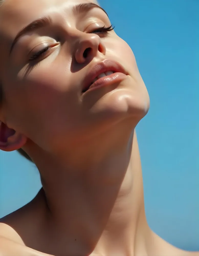 A 23 Year Old White Woman With Short Blonde Hair Closed Eyes And Tanned Skin Looking Up To The Sky 20 7670