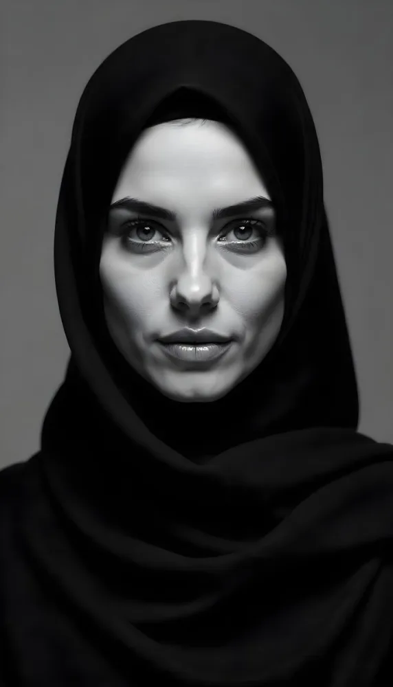 A 25 Year Old Arab Woman With A Black Hijab Gray Eyes Black And White Photography Studio Shot 34 F393