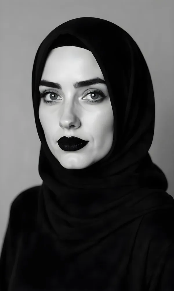 A 25 Year Old Arab Woman With A Black Hijab Gray Eyes Black And White Photography Studio Shot 4 1068