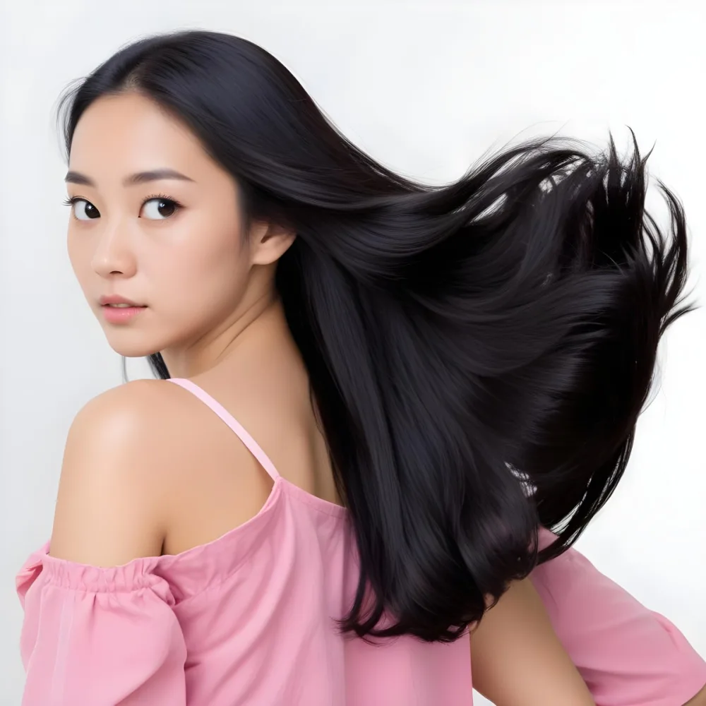 A 25 Year Old Asian Woman With Long Black Hair Pink Shirt Looking Over Her Shoulder In A White Background 12 62ba