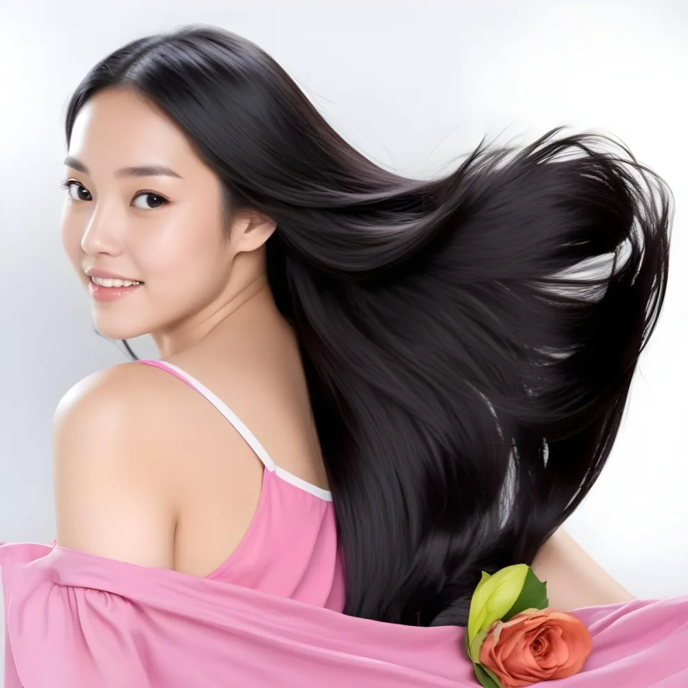 A 25 Year Old Asian Woman With Long Black Hair Pink Shirt Looking Over Her Shoulder In A White Background 16 Ff07