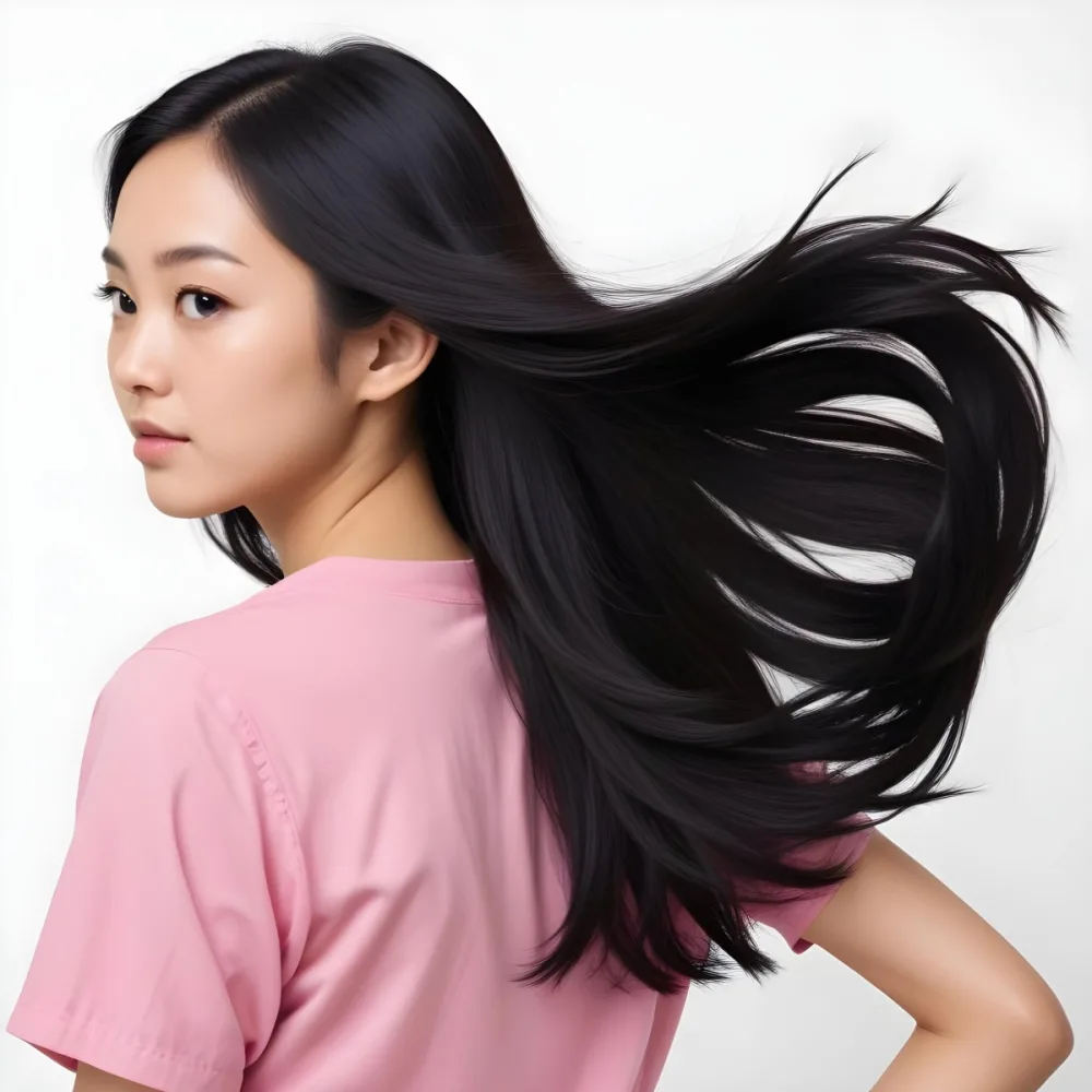 A 25 Year Old Asian Woman With Long Black Hair Pink Shirt Looking Over Her Shoulder In A White Background 21 293a