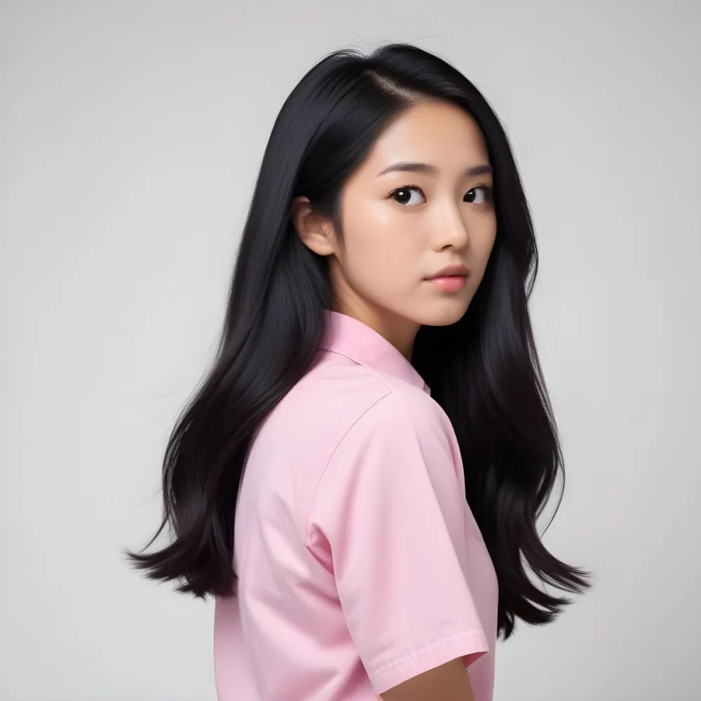 A 25 Year Old Asian Woman With Long Black Hair Pink Shirt Looking Over Her Shoulder In A White Background 26 B1bb