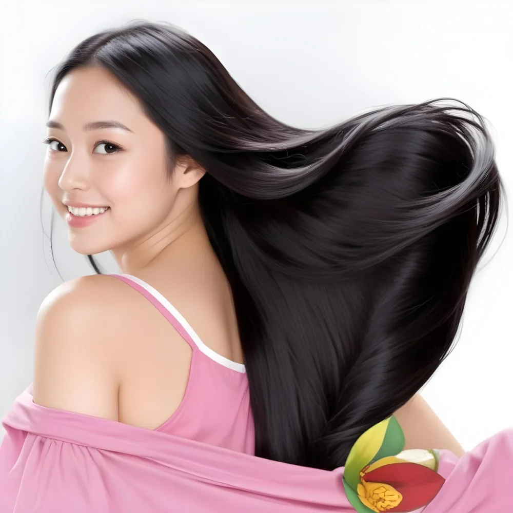 A 25 Year Old Asian Woman With Long Black Hair Pink Shirt Looking Over Her Shoulder In A White Background 7 4c63