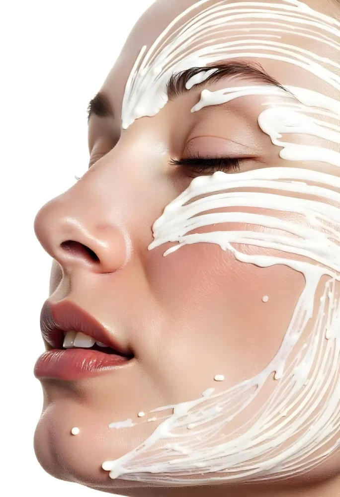 A 25 Year Old Caucasian Woman With Cream On Her Face Closed Eyes Light Skin Short Brown Hair In A White Background 10 C11e