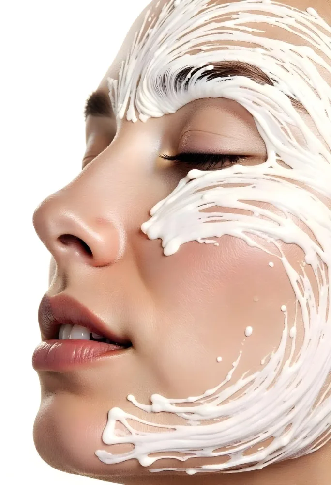 A 25 Year Old Caucasian Woman With Cream On Her Face Closed Eyes Light Skin Short Brown Hair In A White Background 15 4494