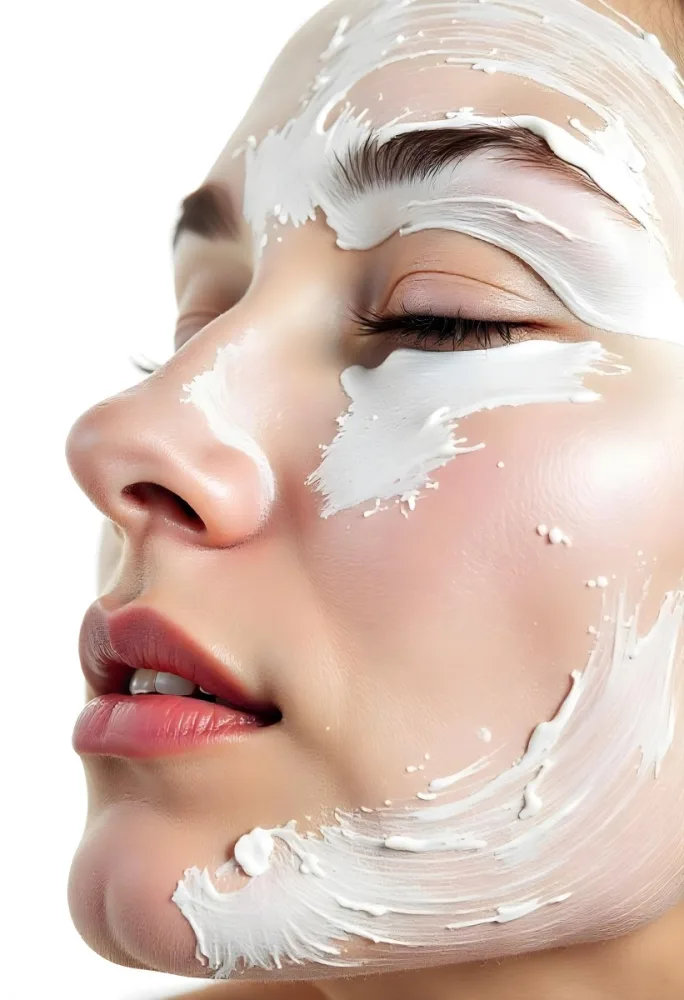 A 25 Year Old Caucasian Woman With Cream On Her Face Closed Eyes Light Skin Short Brown Hair In A White Background 20 45c3