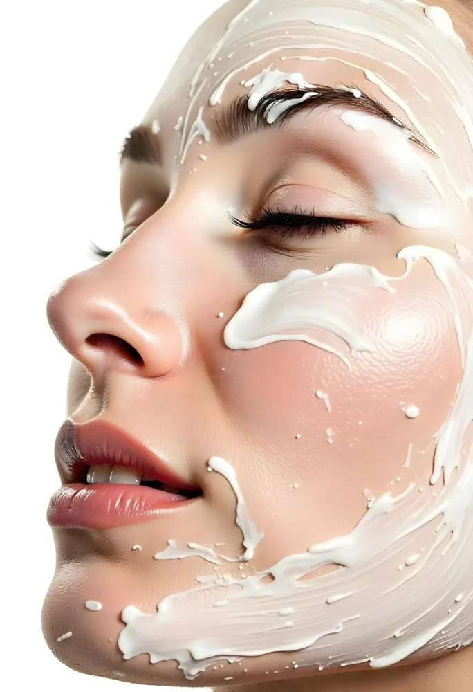 A 25 Year Old Caucasian Woman With Cream On Her Face Closed Eyes Light Skin Short Brown Hair In A White Background 27 2e62