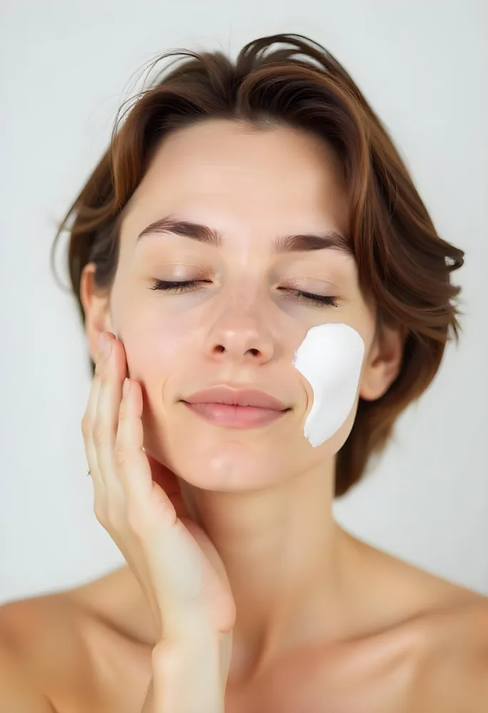 A 25 Year Old Caucasian Woman With Cream On Her Face Closed Eyes Light Skin Short Brown Hair In A White Background 37 2e75