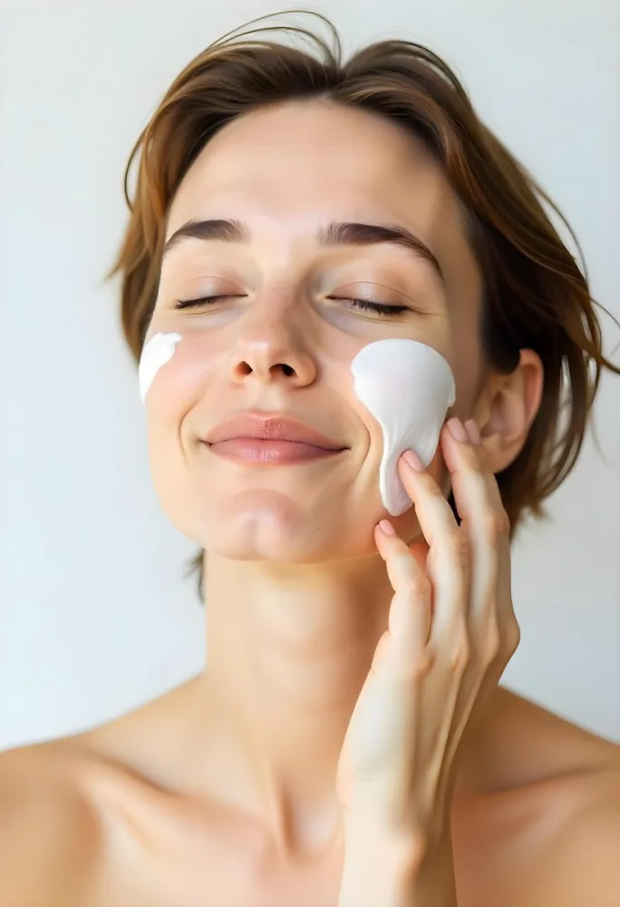 A 25 Year Old Caucasian Woman With Cream On Her Face Closed Eyes Light Skin Short Brown Hair In A White Background 40 C80c