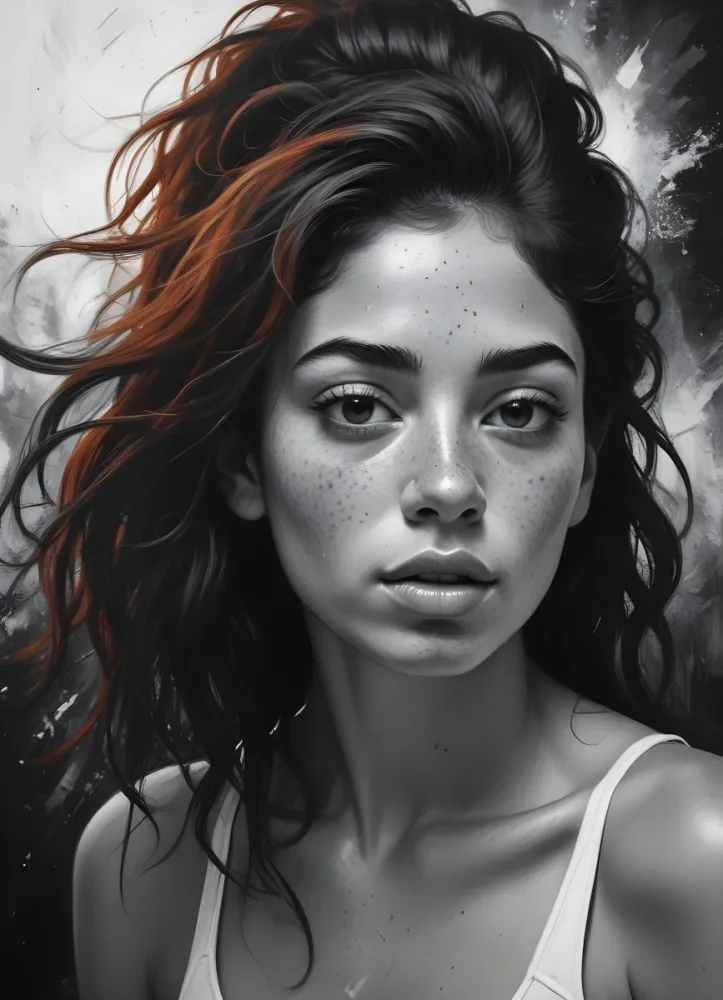 A 25 Year Old Hispanic Woman With Freckles And White Paint On Her Lips Black And White Background 3 2c9f