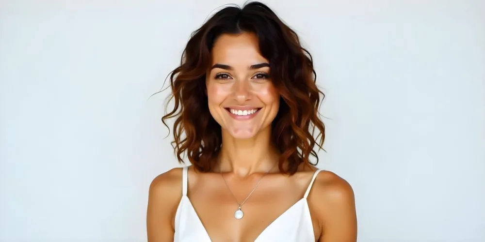A 25 Year Old Middle Eastern Woman With Brown Curly Hair Wearing A White Dress And A Silver Necklace In A White Background 6 Ca67