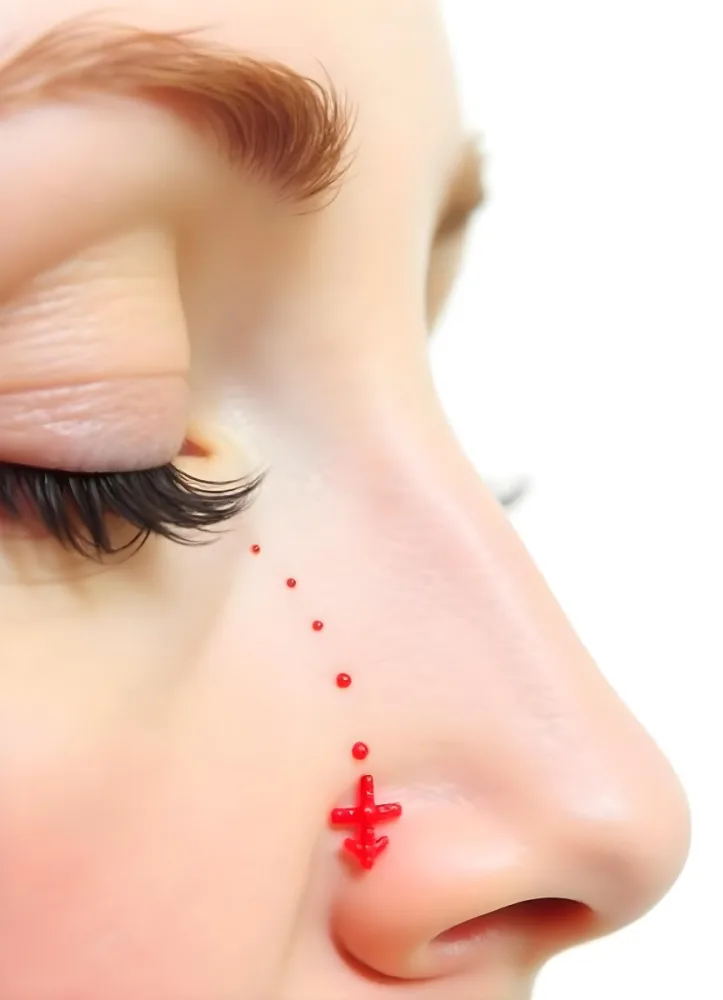 A 25 Year Old White Woman With Fair Skin Red Hair Closed Eyes And A Red Arrow Pointing Down In A White Background 9 1d7b