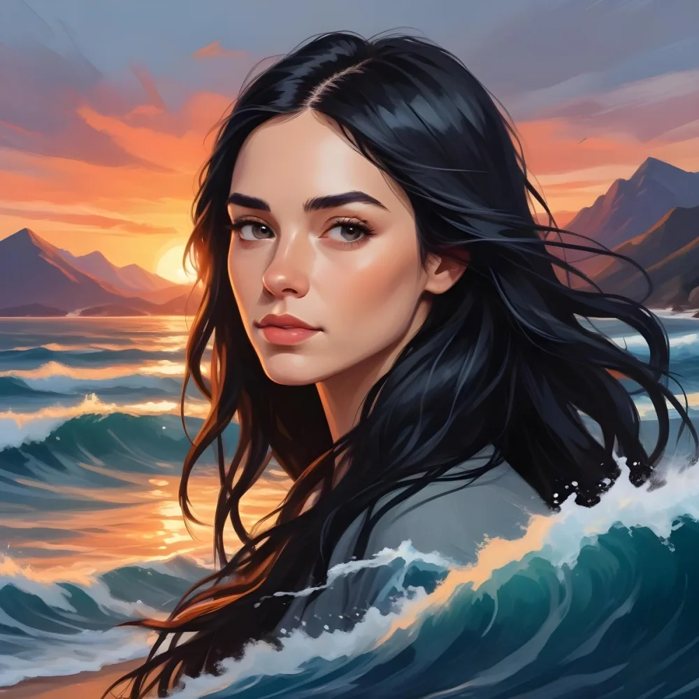 A 25 Year Old White Woman With Long Black Hair Ocean Waves On Her Face Sunset And Mountains In The Background 1 6d6b