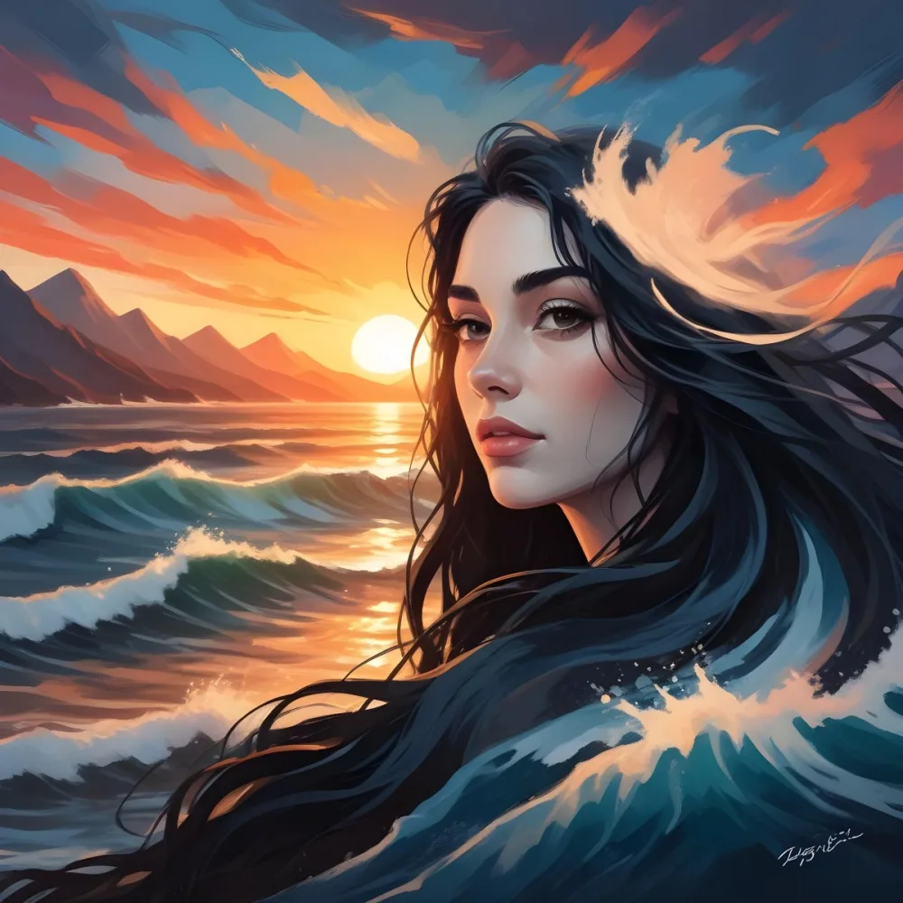 A 25 Year Old White Woman With Long Black Hair Ocean Waves On Her Face Sunset And Mountains In The Background 26 65f8 23e1