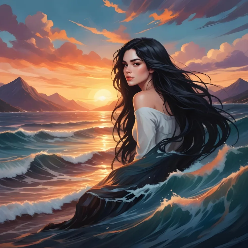 A 25 Year Old White Woman With Long Black Hair Ocean Waves On Her Face Sunset And Mountains In The Background 36 4a83 C775