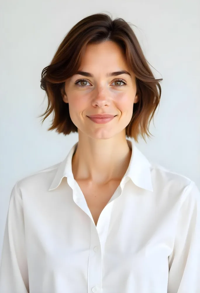 A 30 Year Old White Woman With Short Brown Hair And White Shirt In A White Background 84 134f