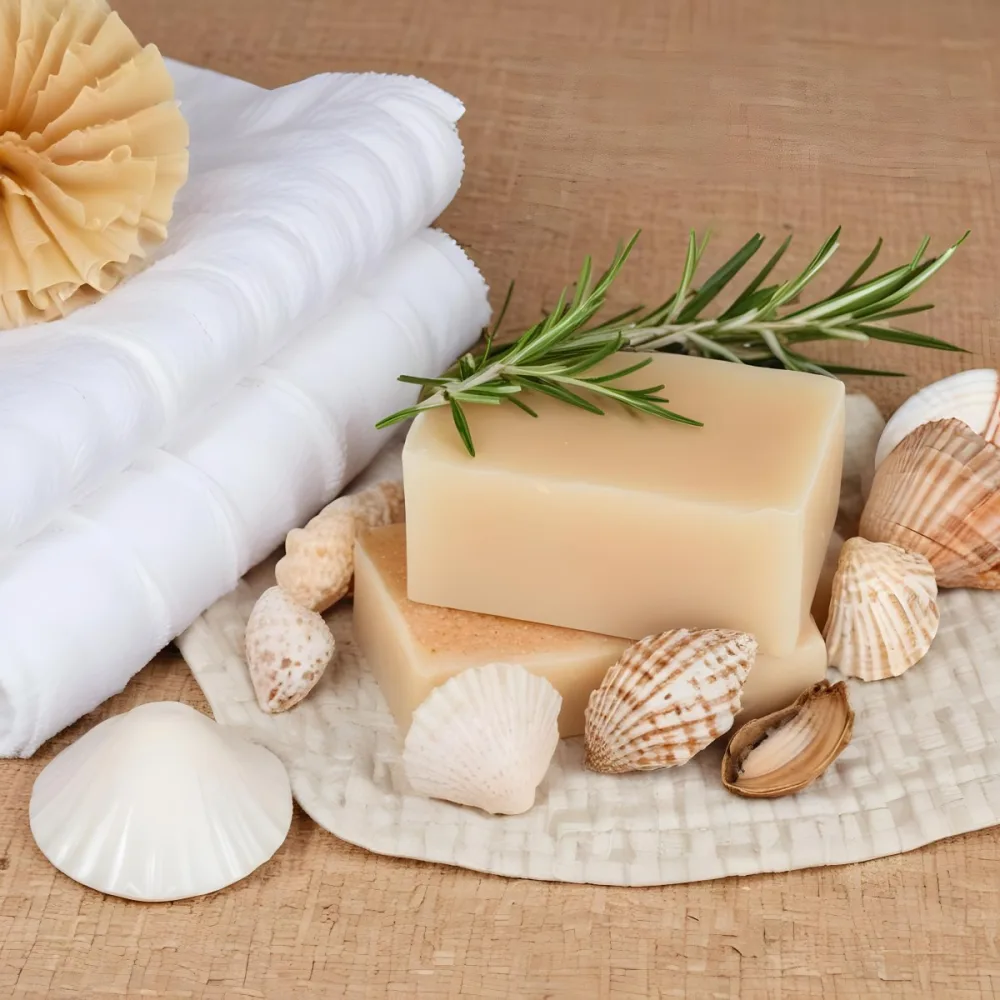 A Bar Of Soap Placed On A Woven Mat Surrounded By Various Seashells And A Sprig Of Rosemary In The Background There Are Neatly Stacked White Towels And A Natural Sponge The Setting Has A Calming Spa Like Atmospher 16 1302