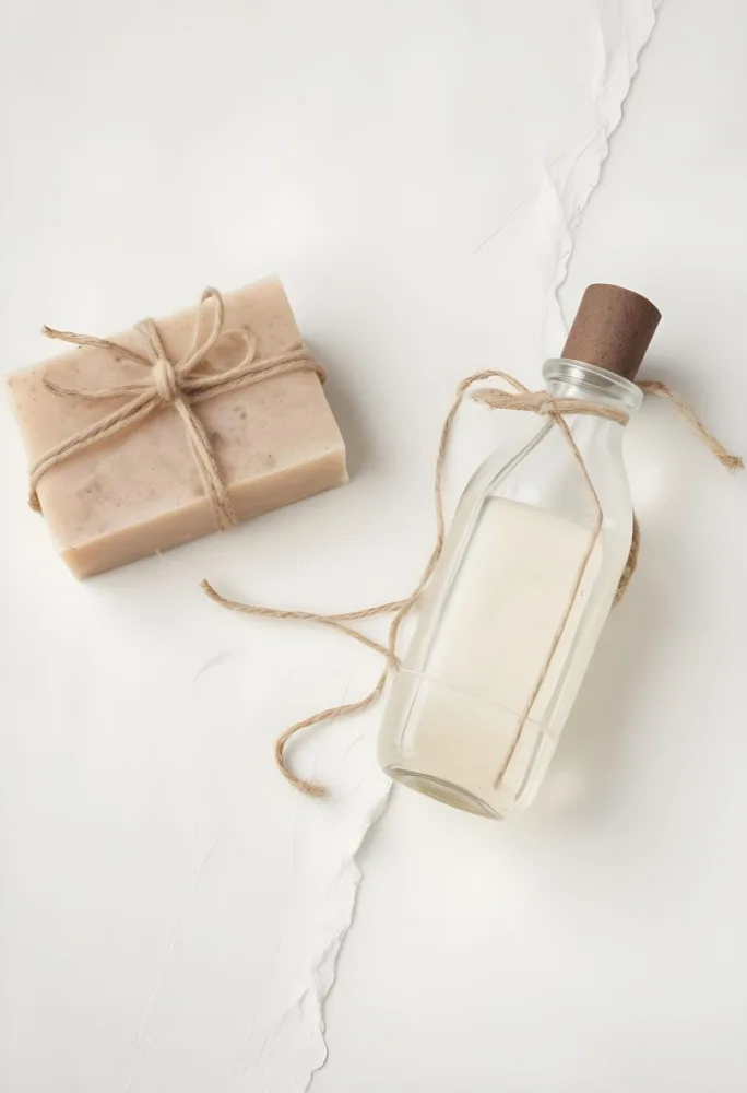 A Bar Of Soap Tied With Twine And A Clear Glass Bottle With A White Cap On A White Textured Surface 10 E57c