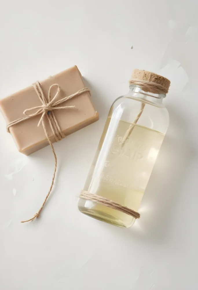 A Bar Of Soap Tied With Twine And A Clear Glass Bottle With A White Cap On A White Textured Surface 11 2cae