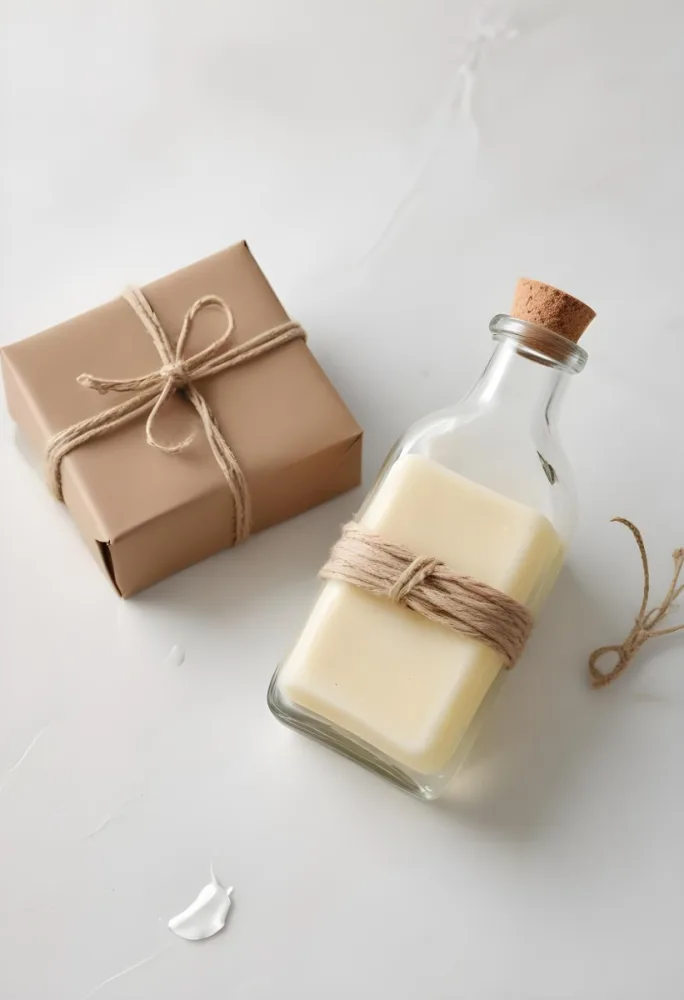 A Bar Of Soap Tied With Twine And A Clear Glass Bottle With A White Cap On A White Textured Surface 13 447f