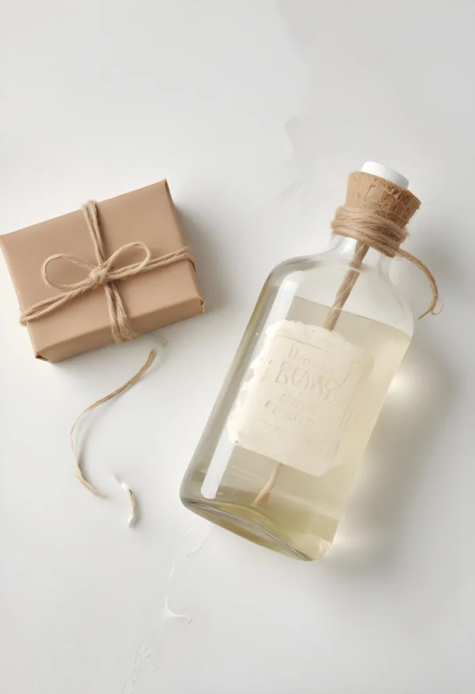 A Bar Of Soap Tied With Twine And A Clear Glass Bottle With A White Cap On A White Textured Surface 16 Be99