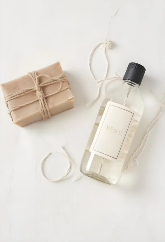 A Bar Of Soap Tied With Twine And A Clear Glass Bottle With A White Cap On A White Textured Surface 17 8541