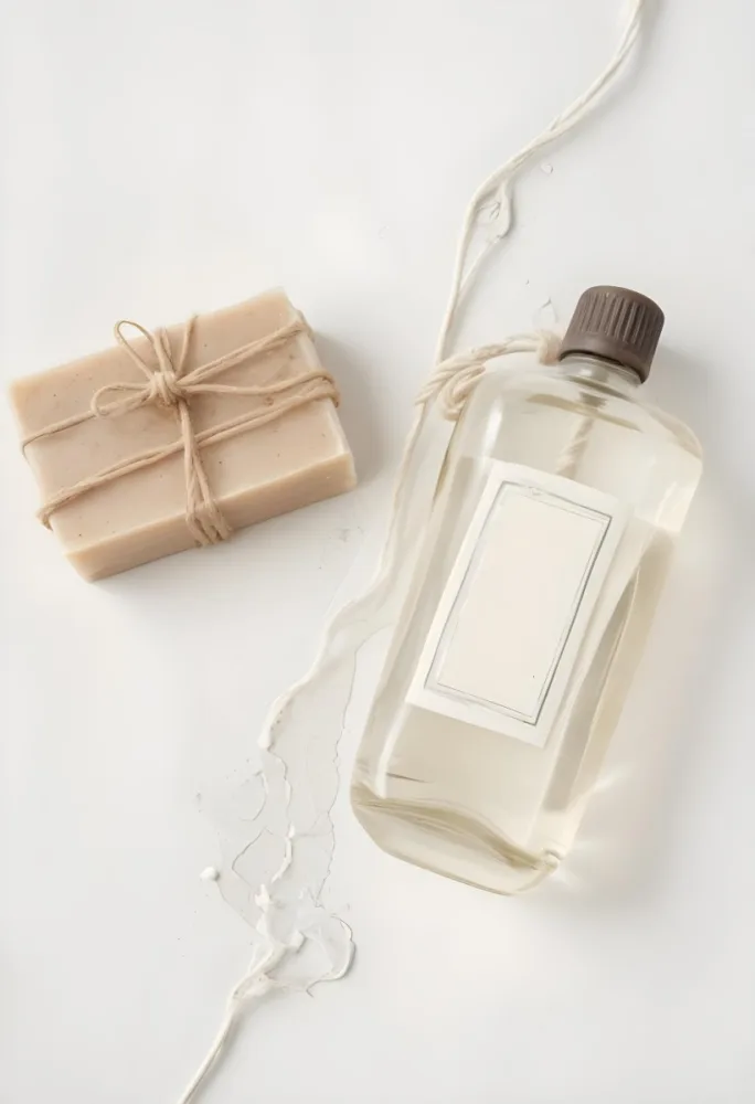A Bar Of Soap Tied With Twine And A Clear Glass Bottle With A White Cap On A White Textured Surface 18 8c12