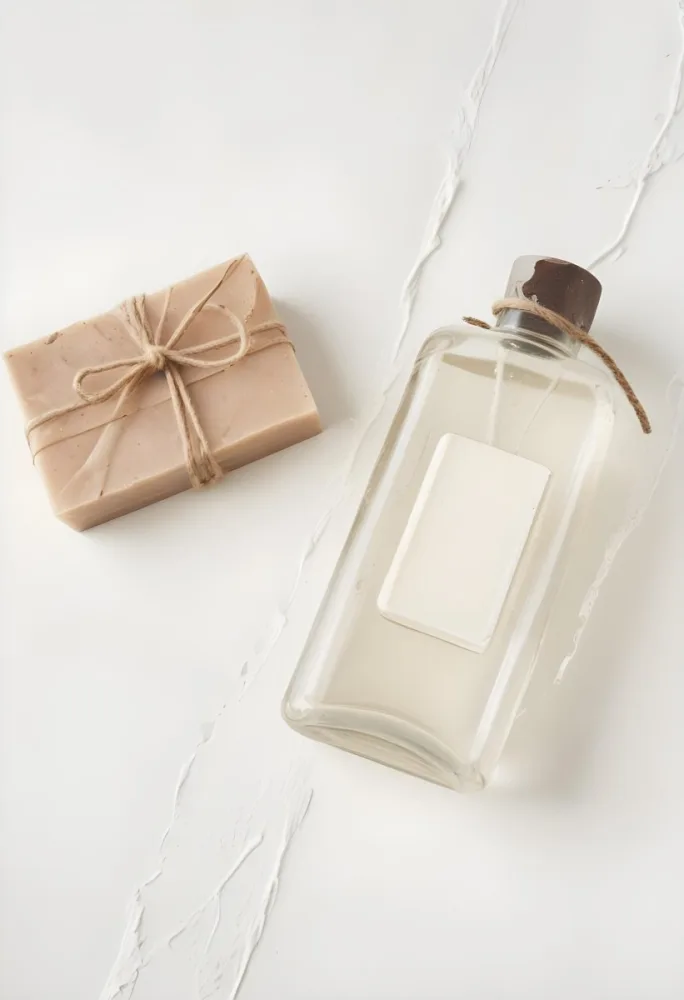 A Bar Of Soap Tied With Twine And A Clear Glass Bottle With A White Cap On A White Textured Surface 20 0cf4