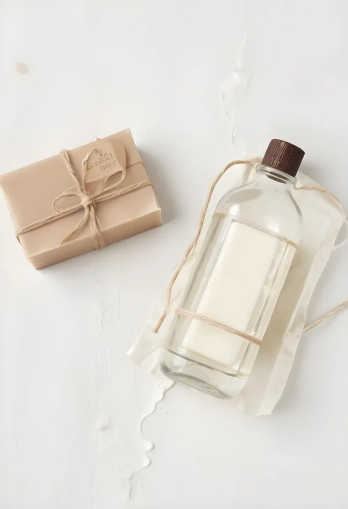 A Bar Of Soap Tied With Twine And A Clear Glass Bottle With A White Cap On A White Textured Surface 21 3321