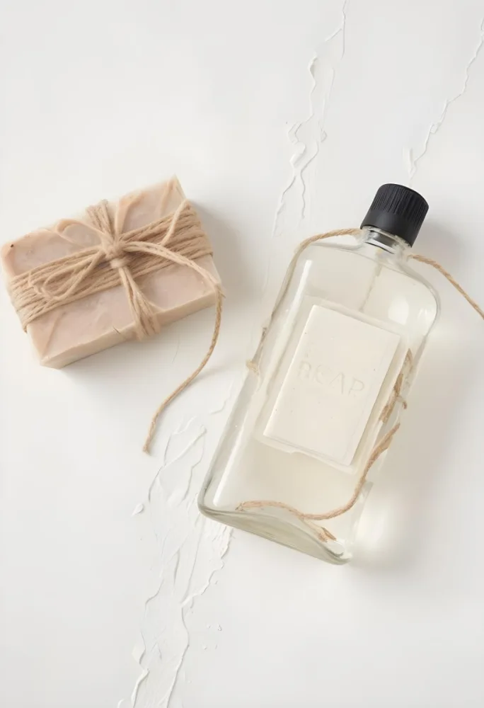 A Bar Of Soap Tied With Twine And A Clear Glass Bottle With A White Cap On A White Textured Surface 22 3dde