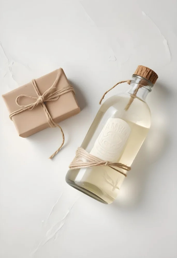 A Bar Of Soap Tied With Twine And A Clear Glass Bottle With A White Cap On A White Textured Surface 28 E1e0