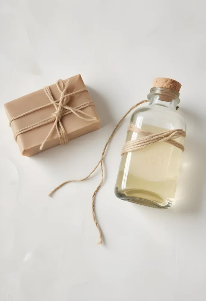 A Bar Of Soap Tied With Twine And A Clear Glass Bottle With A White Cap On A White Textured Surface 29 8806