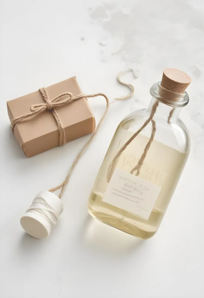 A Bar Of Soap Tied With Twine And A Clear Glass Bottle With A White Cap On A White Textured Surface 30 3130
