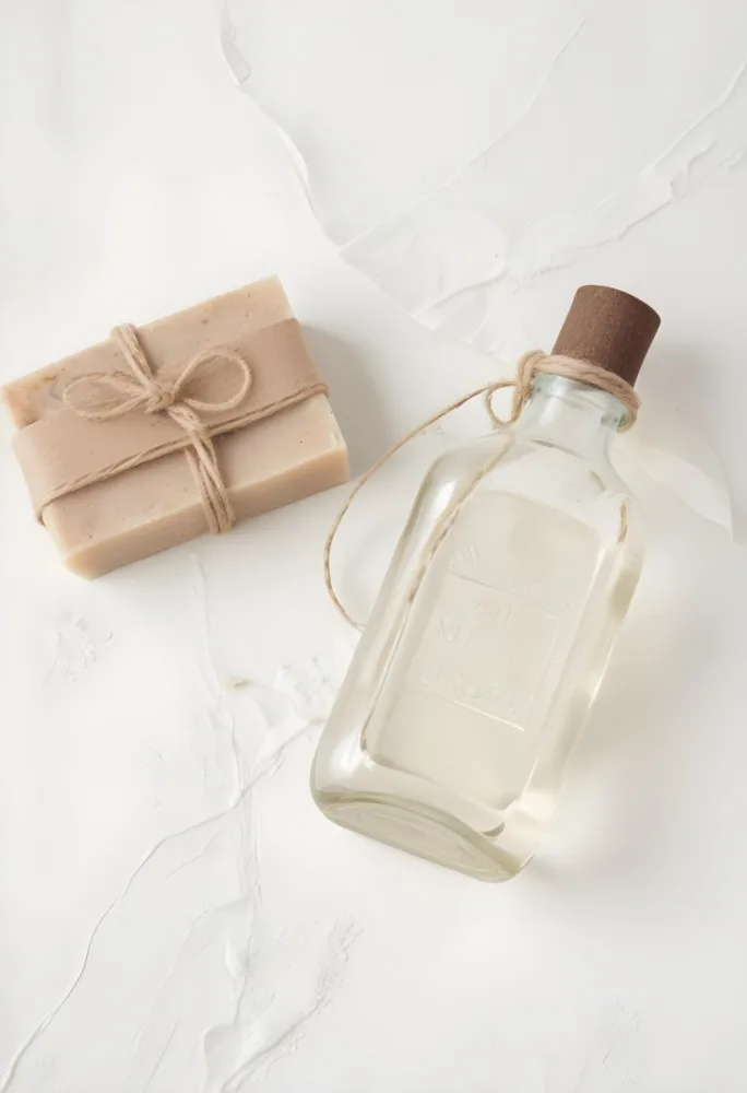 A Bar Of Soap Tied With Twine And A Clear Glass Bottle With A White Cap On A White Textured Surface 32 C71b