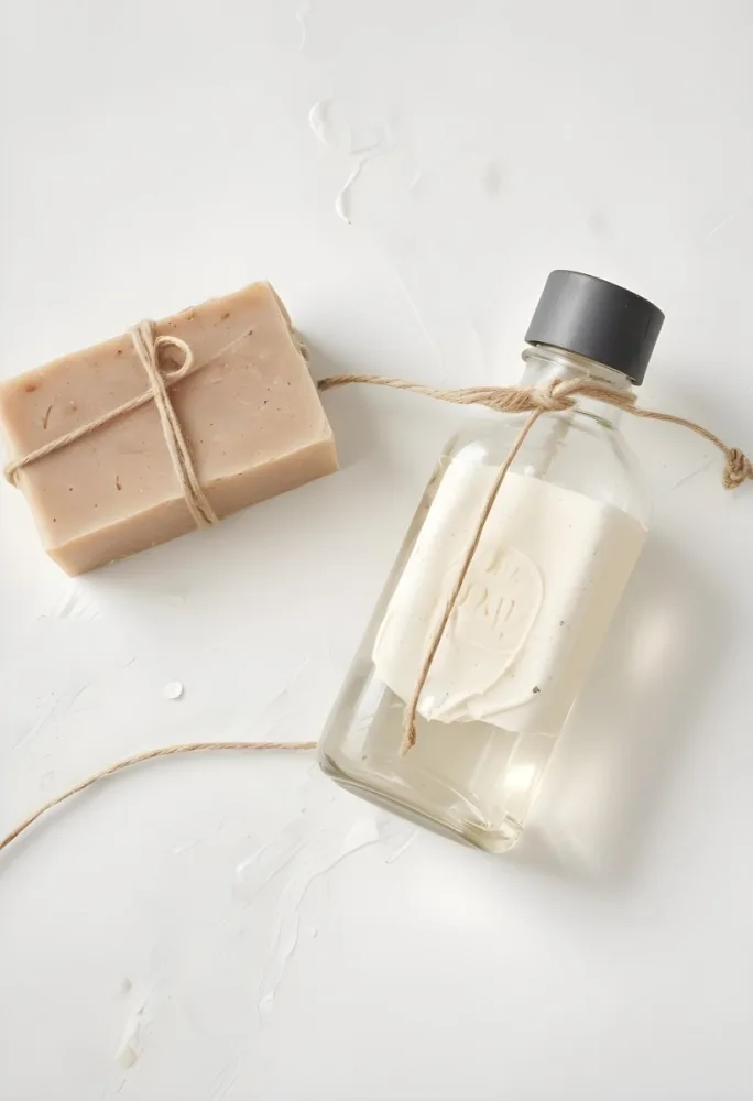 A Bar Of Soap Tied With Twine And A Clear Glass Bottle With A White Cap On A White Textured Surface 5 07b6