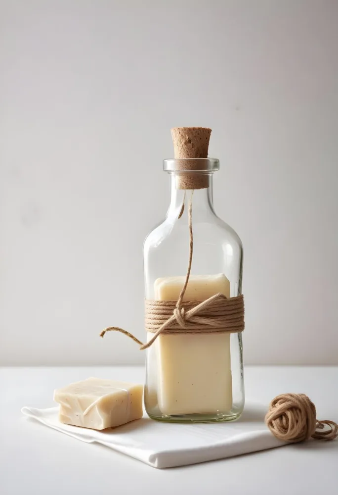 A Bar Of Soap Tied With Twine And A Clear Glass Bottle With A White Cap On A White Textured Surface 6 F9bc
