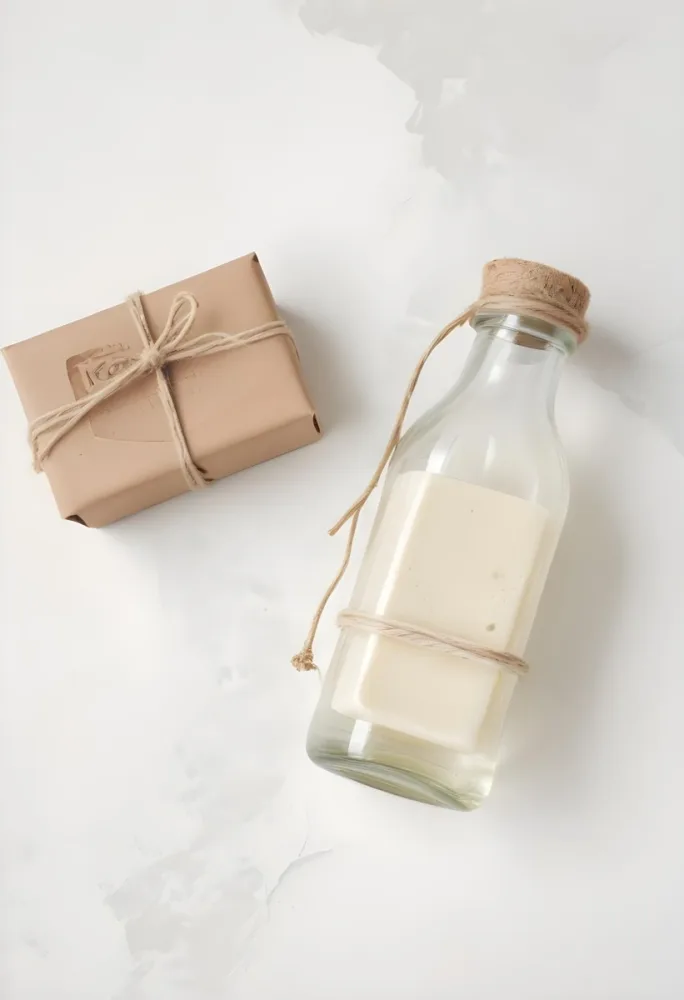 A Bar Of Soap Tied With Twine And A Clear Glass Bottle With A White Cap On A White Textured Surface 7 7ebe