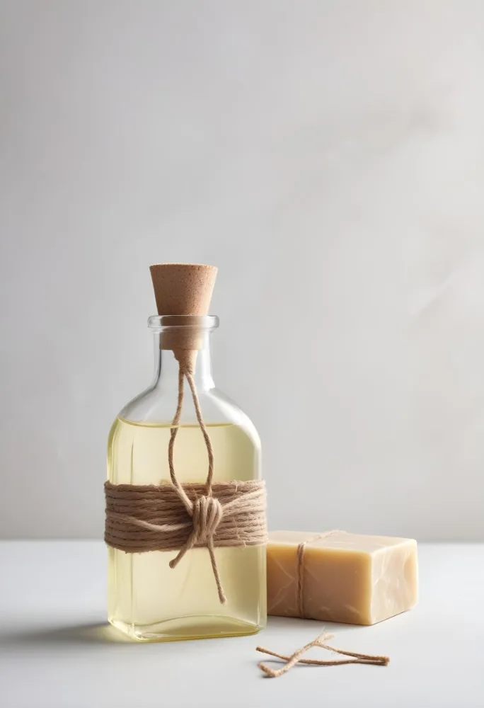 A Bar Of Soap Tied With Twine And A Clear Glass Bottle With A White Cap On A White Textured Surface 8 C3ca