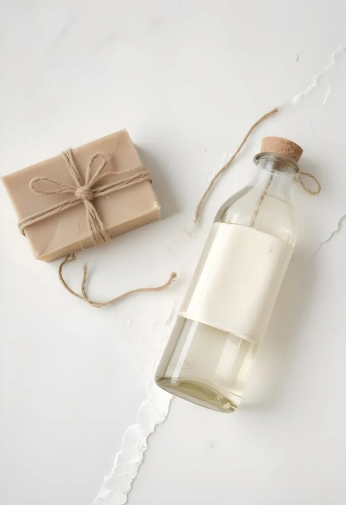A Bar Of Soap Tied With Twine And A Clear Glass Bottle With A White Cap On A White Textured Surface 9 Db1d