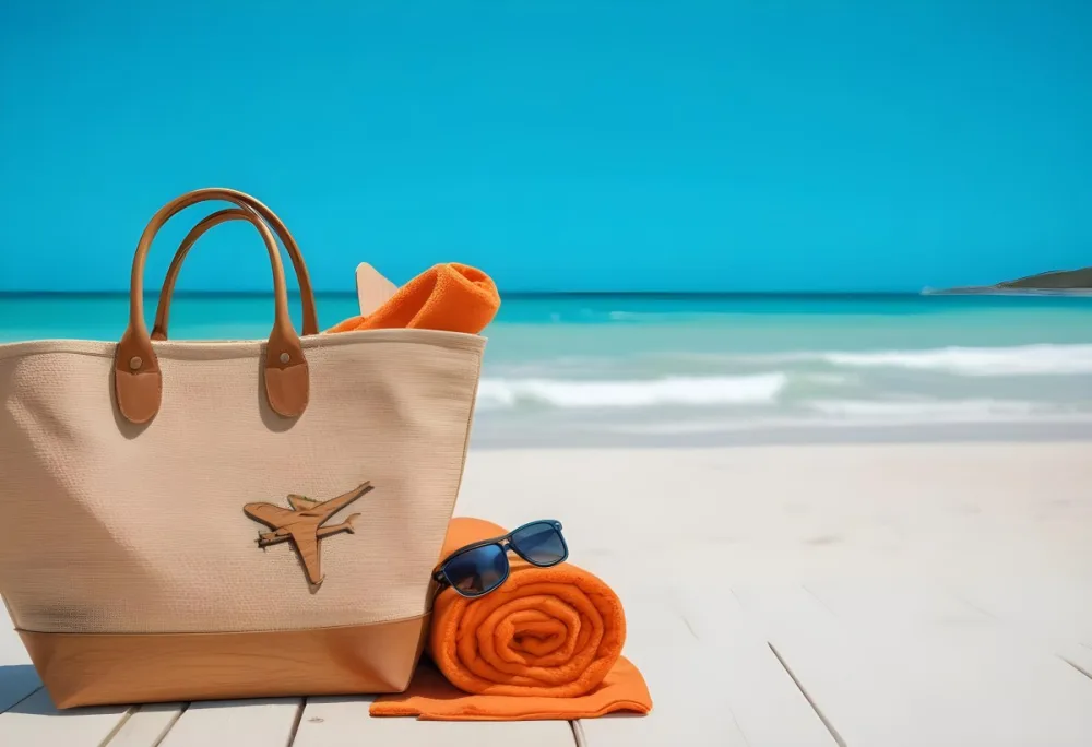 A Beach Bag With A Wooden Airplane Sunglasses And An Orange Towel On A Wooden Surface With A Turquoise Sea In The Background 15 9c5b