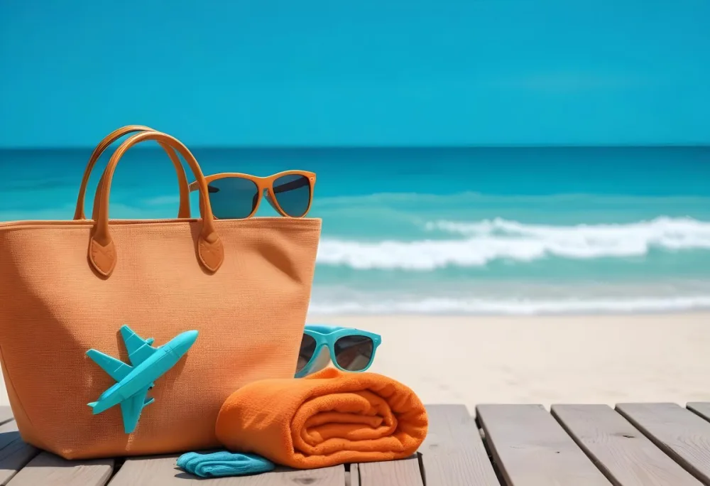A Beach Bag With A Wooden Airplane Sunglasses And An Orange Towel On A Wooden Surface With A Turquoise Sea In The Background 16 1ee1