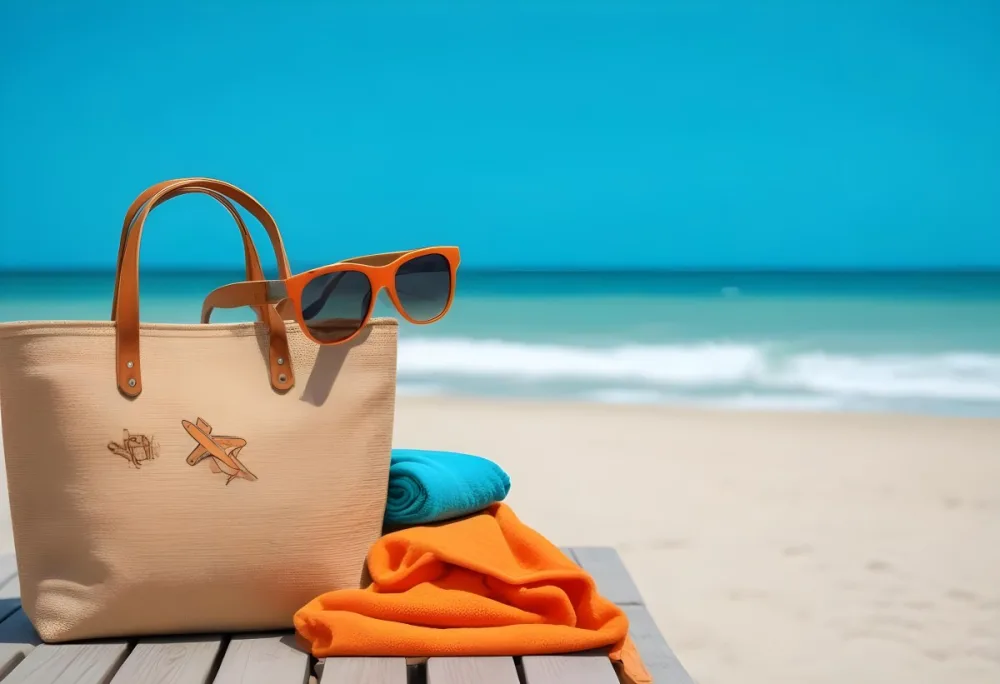 A Beach Bag With A Wooden Airplane Sunglasses And An Orange Towel On A Wooden Surface With A Turquoise Sea In The Background 3 9f98
