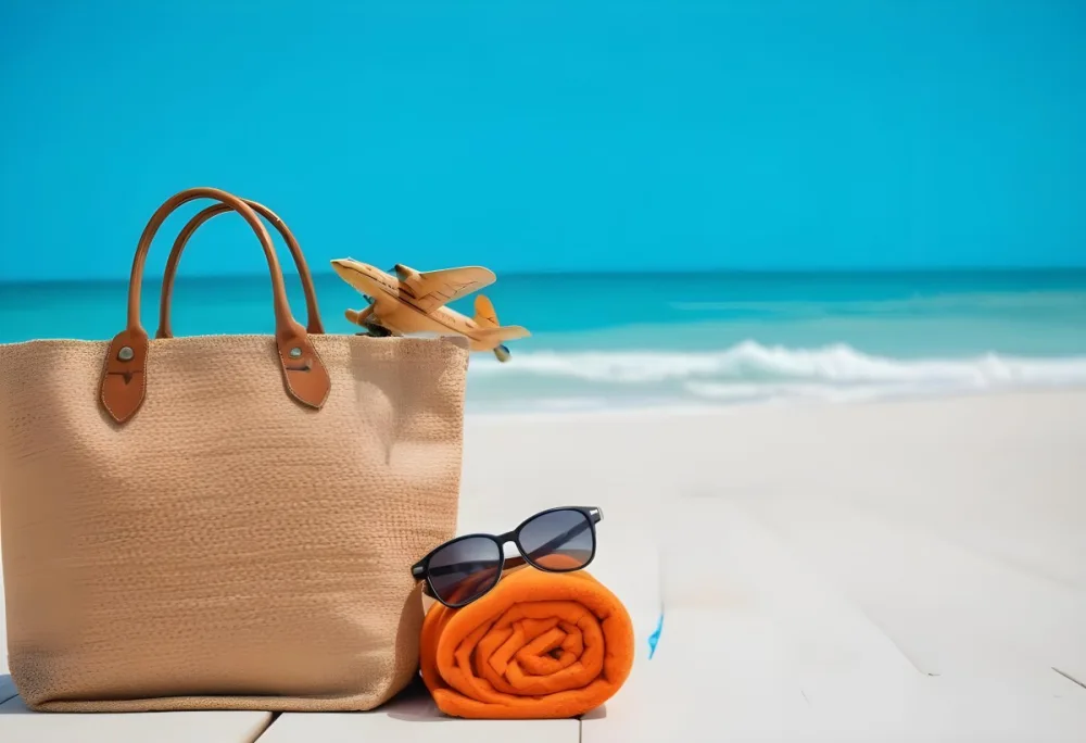 A Beach Bag With A Wooden Airplane Sunglasses And An Orange Towel On A Wooden Surface With A Turquoise Sea In The Background 7 1fb0