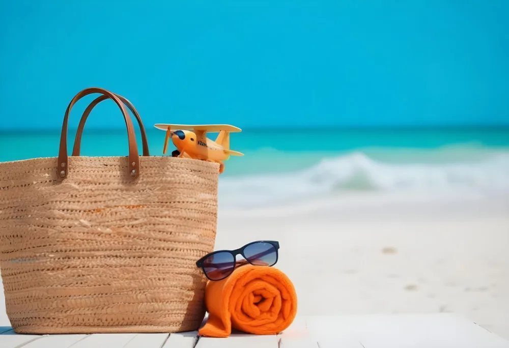 A Beach Bag With A Wooden Airplane Sunglasses And An Orange Towel On A Wooden Surface With A Turquoise Sea In The Background 8 266a