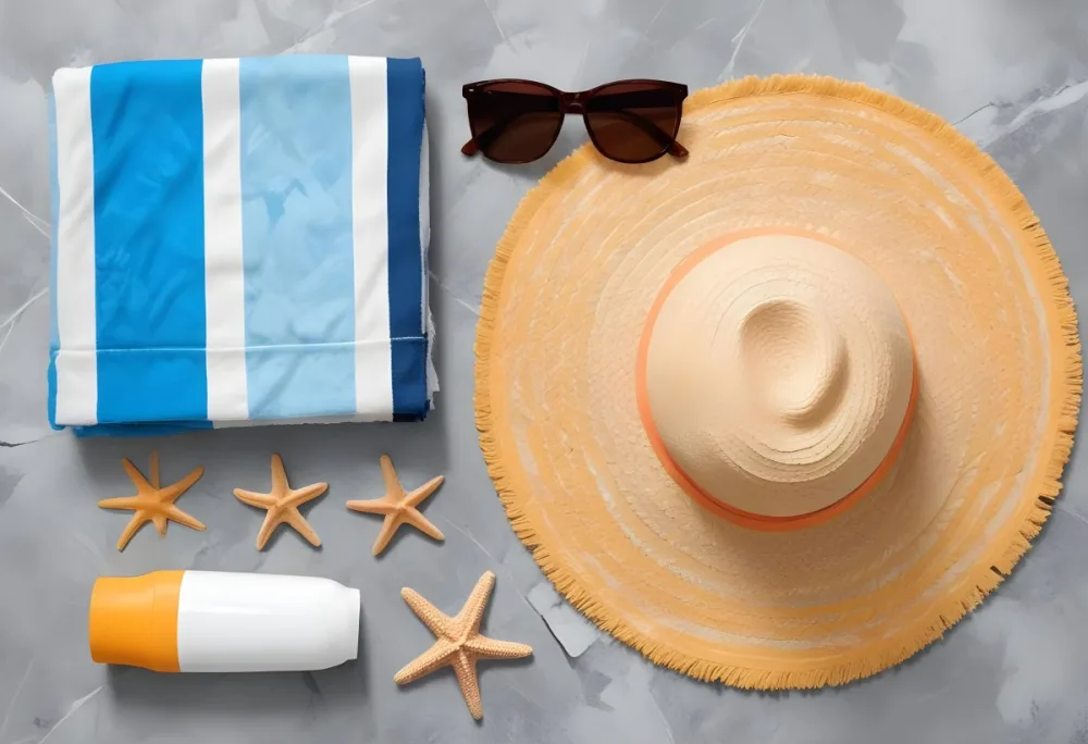 A Beach Towel With Blue Stripes A Straw Hat With Sunglasses A Sunscreen Bottle And Some Starfish On A Gray Marble Background 11