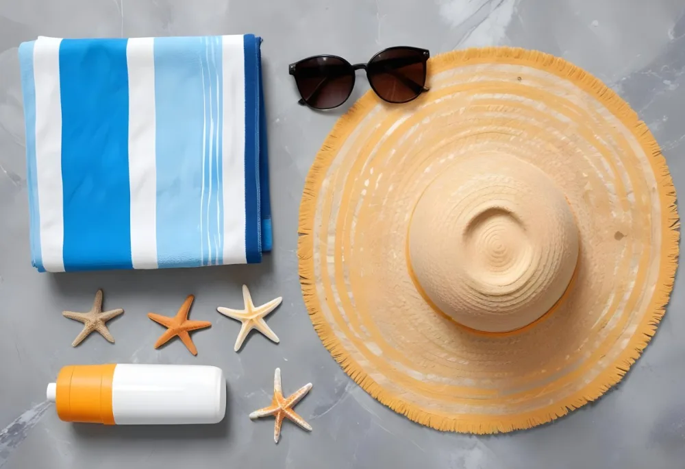 A Beach Towel With Blue Stripes A Straw Hat With Sunglasses A Sunscreen Bottle And Some Starfish On A Gray Marble Background 14 0940