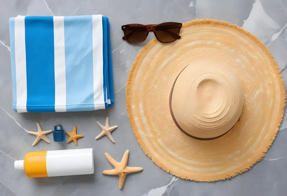 A Beach Towel With Blue Stripes A Straw Hat With Sunglasses A Sunscreen Bottle And Some Starfish On A Gray Marble Background 18 E916